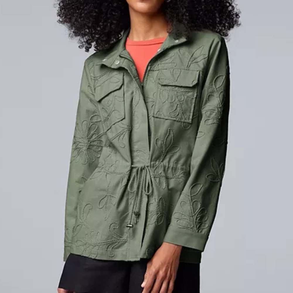 Simply Vera Wang Embroidered Floral Utility Jacket M Petite Olive Green Cotton